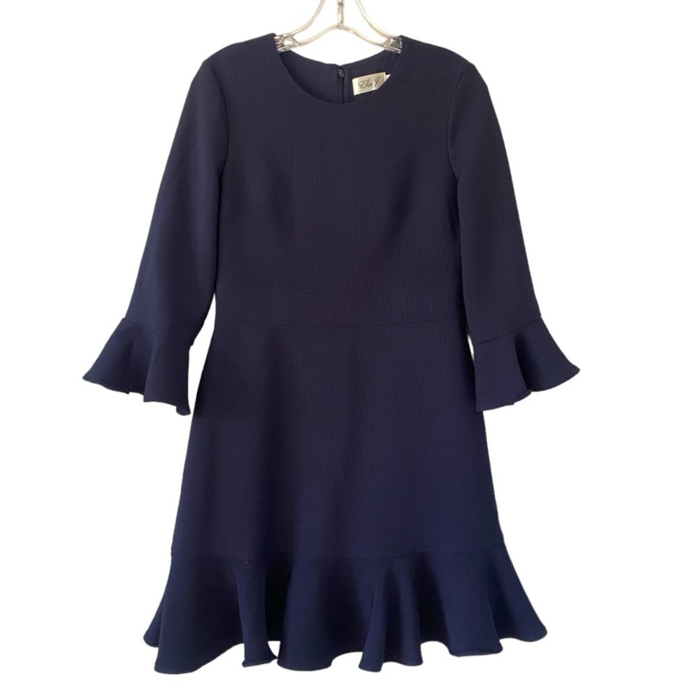 Eliza J Ruffle Bell Sleeve Ruffle Hem Flounced Sheath Navy Blue Dress